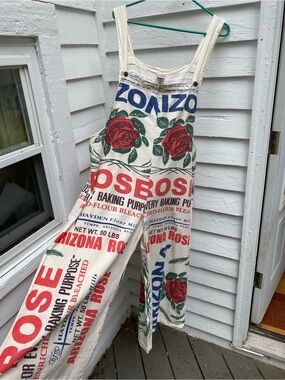 Vintage Sack Cream 'Arizona Rose' Print Cotton Wide Leg Overalls Jumpsuit